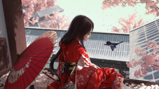 Woman red kimono bird umbrella - her side free wallpaper