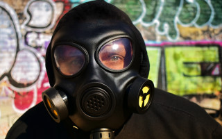 Man gasmask blackjacket graffiti depthoffield - a gas mask free wallpaper
