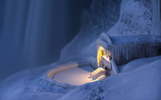 Snowy house night waterfall mountain - snow and ice free wallpaper