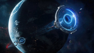 Space station blue object orbit - a blue ring free wallpaper