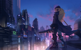 Futuristic city night woman sword - a futuristic city free wallpaper