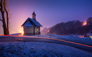 Small church hill light trail - a small church free wallpaper