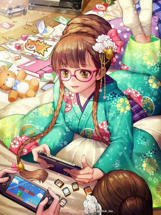 Girl kimono playing game watching - a game free wallpaper for mobile