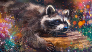 Raccoon resting log flowers blue - a blue eye free wallpaper