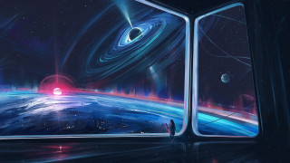 Window planet sun astronaut fireworks - free space wallpaper