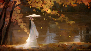 Woman white dress umbrella lake - bayard wu free wallpaper