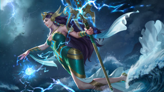 Woman blue dress sword lightning - a lightning bolt in the background free wallpaper