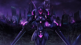 Futuristic woman city night sword - a futuristic city in the background free wallpaper