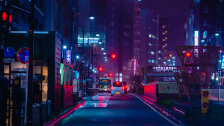 Cyberpunk city street night bus - elsa bleda free wallpaper