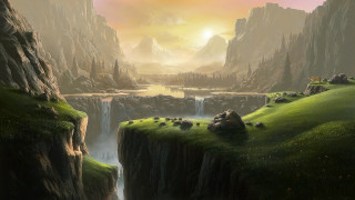 Mountain landscape waterfall river sunset - christophe vacher free wallpaper for desktop