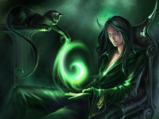 Woman chair cat green swirl - arcane free wallpaper for desktop