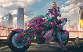 Futuristic woman pinkmotorcycle cat cyberpunk - artstation hq free wallpaper