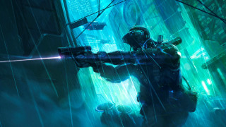 Futuristic city man raingun cyberpunk - chris cold free wallpaper