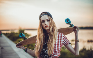 Woman skateboard bridge water beach - a skateboard free wallpaper
