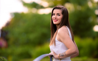 Smiling woman white dress blue - a blue umbrella free wallpaper
