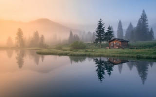 Cabin lake mountains fog reflection - a small cabin free wallpaper