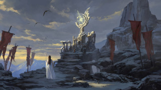 Woman dragon cliff fantasy scene - fantasy concept art free wallpaper