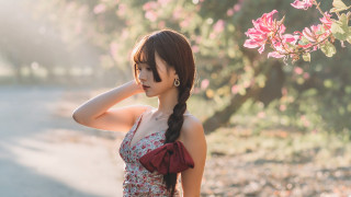 Woman ponytail flower tree pink - a red purse free wallpaper