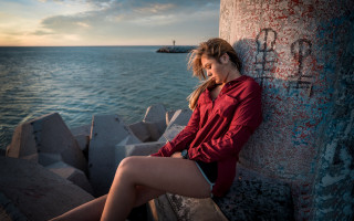 Woman ocean sunset lighthouse beach - a wall next free wallpaper