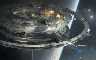 Futuristic space station earth view 2 - a distant planet in the background free wallpaper