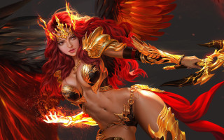 Red haired woman golden mask - a red cape free wallpaper