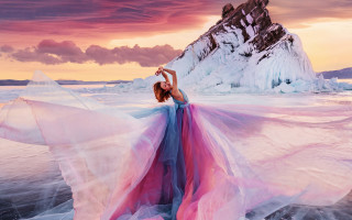 Woman beach mountain pink blue - a long dress free wallpaper