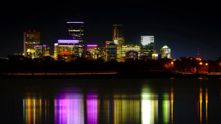 City skyline night reflection neon 2 - a reflection free wallpaper for desktop