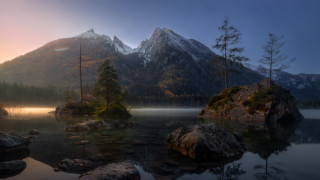 Mountain lake forest foggy sunset 2 - rock and trees free wallpaper