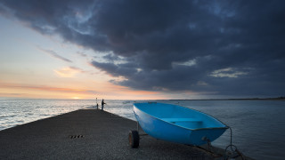 Blue boat pier sunset man - the dock free wallpaper