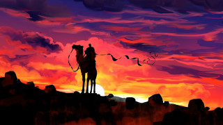 Sunset horseman lasso digital desert - a painting of a man riding free wallpaper