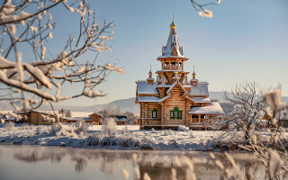 Wooden tower clock snow lake - a tower and a clock free wallpaper