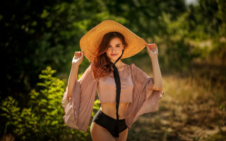 Woman bikini hat forest fashion 2 - her arm behind her head free wallpaper for desktop