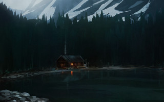 Cabin woods lake night mountains - a cabin free wallpaper