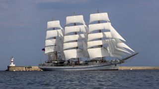 Sailboat lighthouse ocean digital rendering - superflat free wallpaper