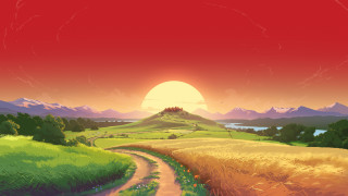 Sunset field road hill house - game art free wallpaper