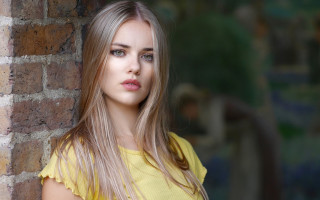 Blonde woman brick wall serious - figurative free wallpaper