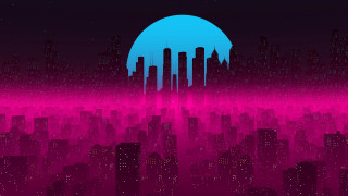 City skyline aurora fireworks moon - synthwave style free wallpaper