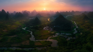 Sunset valley mountains river trees 2 - landscape free wallpaper