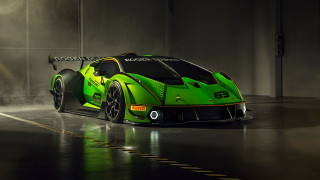 Green sports car foggy garage - a dark garage free wallpaper