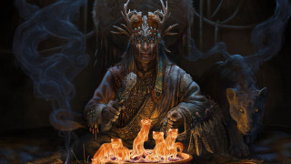 Fire sitting man cat dog - his lap free wallpaper