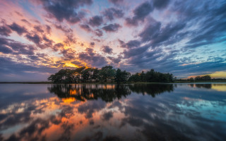 Lake trees sunset clouds bridge - colorful cloud free wallpaper