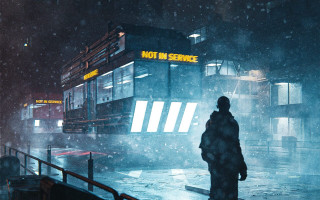 Rainy night bus neon cyberpunk - dystopian art free wallpaper