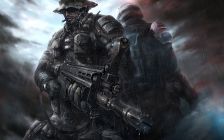 Military man gun rain background - game art free wallpaper for desktop