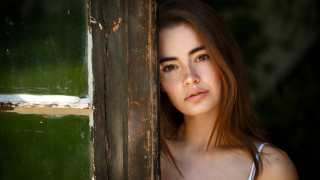 Woman looking window green background - a green wall free wallpaper