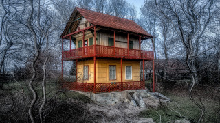 Yellow house woods red roof - arthouse free wallpaper