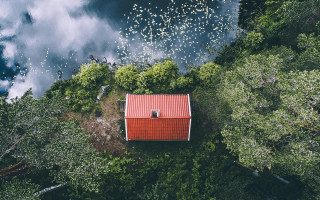 Red house forest birds water - filip hodas free wallpaper