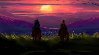 Horses field sunset mountains night - anato finnstark free wallpaper