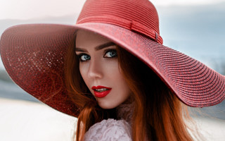 Woman redhat whitedress redlips blueeyes - a red lip free wallpaper