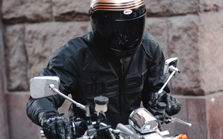 Motorcycle man black leather helmet - christian hilfgott brand free wallpaper
