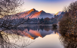 Lake mountains trees autumn sunset - the ground in the foreground free wallpaper